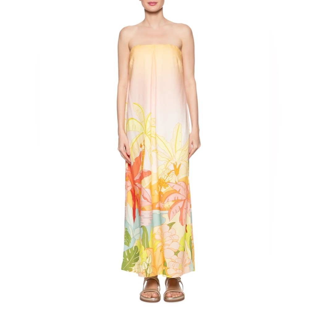 FARM Rio Strapless Tropical Maxi Dress in Yellow, Orange, Green, Pink